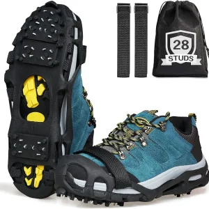Ice Cleats for Shoes and Boots, Non Slip Ice Shoes Grippers 28 Studs Snow Cleats Crampons for Women Men Ice & Snow Cleats with Adjustable Straps for Winter Hiking Walking Ice Fishing