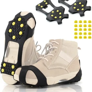 Ice Cleats Snow Grips, Non-Slip Traction Crampons 10 Steel Studs with Extra 20 Replacement Studs, for Shoes/Boots, Snow Ice Walking