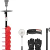 Ice Fishing Auger, 6 Inch Diameter Nylon Ice Auger, 35 Inch Long Cordless Ice Augers for Ice Fishing, Auger Drill with 14 Inch Extension, Top Plate, Ice Scoop, Gloves, Red
