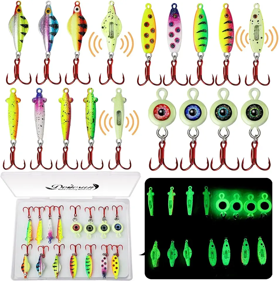 Ice Fishing Jigs Ice Fishing Lures Kit Rattling Glow Ice Fishing Spoons for Bass Crappie Panfish Mens Fishing Gifts 15PCS/4PCS/3PCS