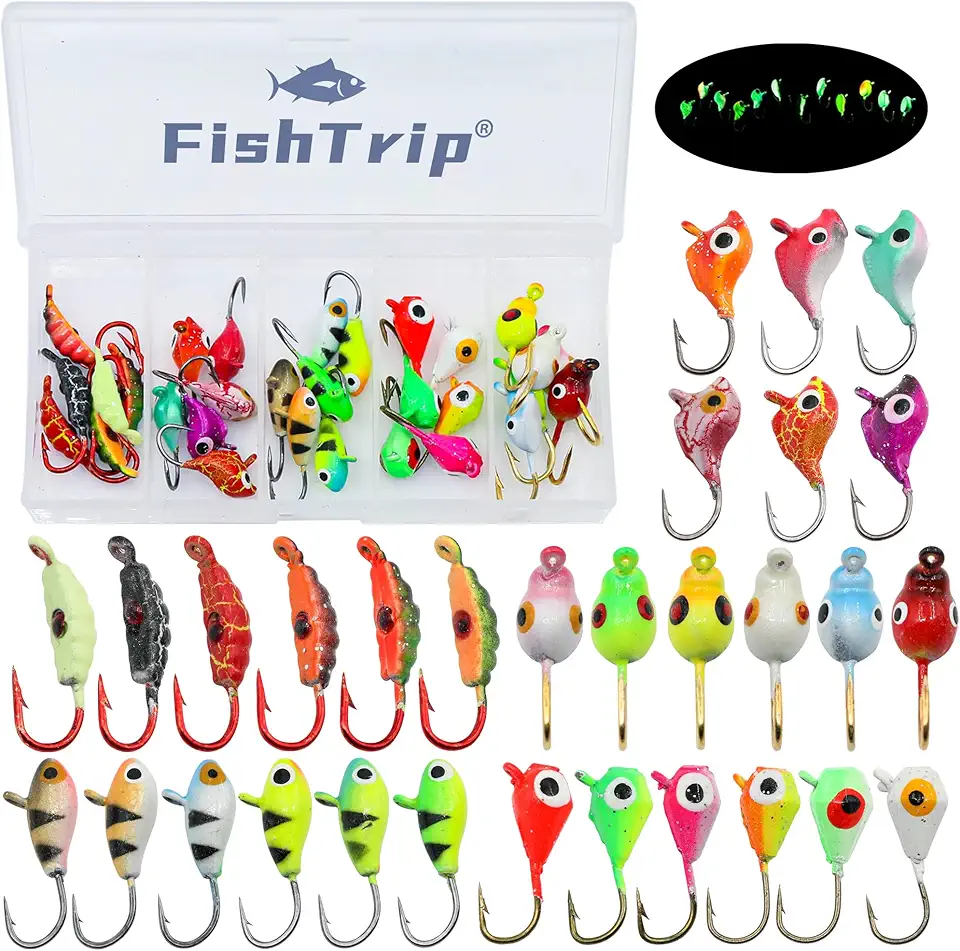 Ice Fishing Jigs Kit, 30/60Pcs Glow Ice Fishing Lure Set for Winter Ice Jigging Crappie Sunfish Perch Panfish Walleye Pike Jigs, Ice Fishing Gear with Storage Box