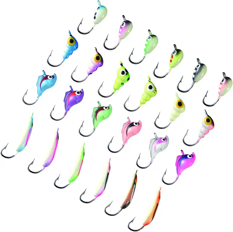 Ice Fishing Lure Kit Glowing Paint Jigs for Winter Ice Jigging Crappie Sunfish Perch Walleye Pike with Tackle Box
