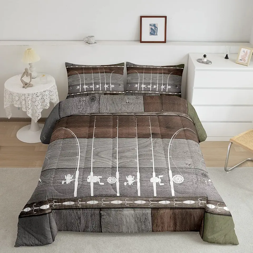 Ice Fishing Rod Comforter Set Go Fishing Bedding Set Fishing Gifts for Men,Fish Quilt Rustic Wooden Plank Duvet Insert King,Fishing Hooks Fishing Game Room Decor Gift for Fisherman,Grey Brown