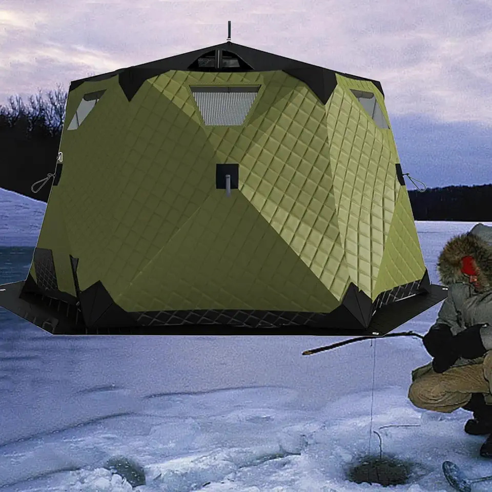 Ice Fishing Shelter with Stove Jack and Floor, Portable Insulated Hexagon Ice Tent 420D Material, Durable and Spacious Ice Shanty for Outdoor Use