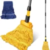 Industrial Mop, Commercial Mop for Floor Cleaning Heavy Duty, Cotton Mops Looped-End String Wet Mops with 2 MopHeads for Home, Garage, Office Floor Cleaning (Yellow-Blue)