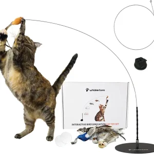 Interactive Bird Simulation Cat Toy Set, Interactive Cat Toy for Indoor Cats, Cat Feather Toy, Suction Cup, Weighted Base, 5 Replacement Birds, Feathers & Bells, Realistic Bird Impression