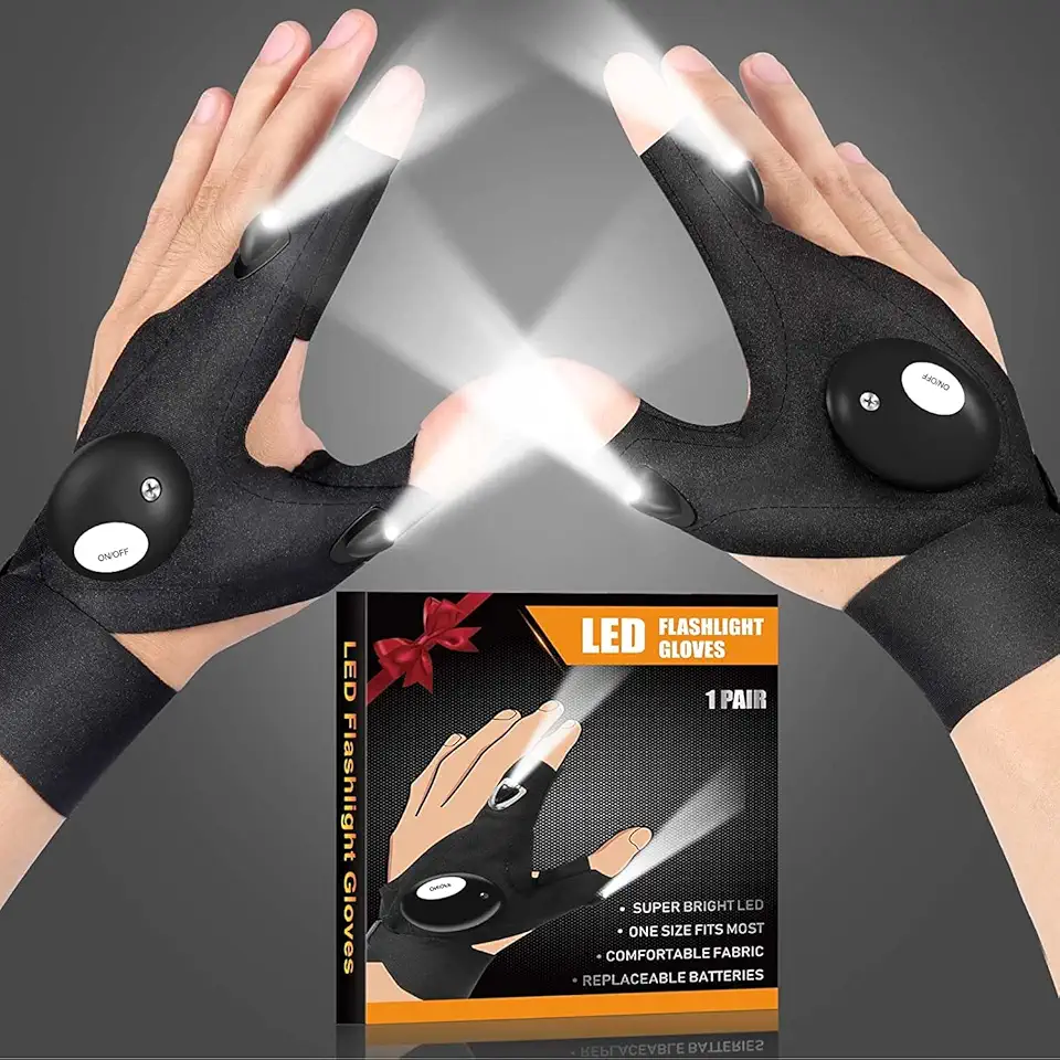 Jasee LED Flashlight Gloves, Gifts for Men Him Dad Husband Boyfriend, Cool Gadgets Waterproof Hands-Free Finger Lights for Night Fishing Repairing Running Camping, Fathers Day Birthday Christmas Gift