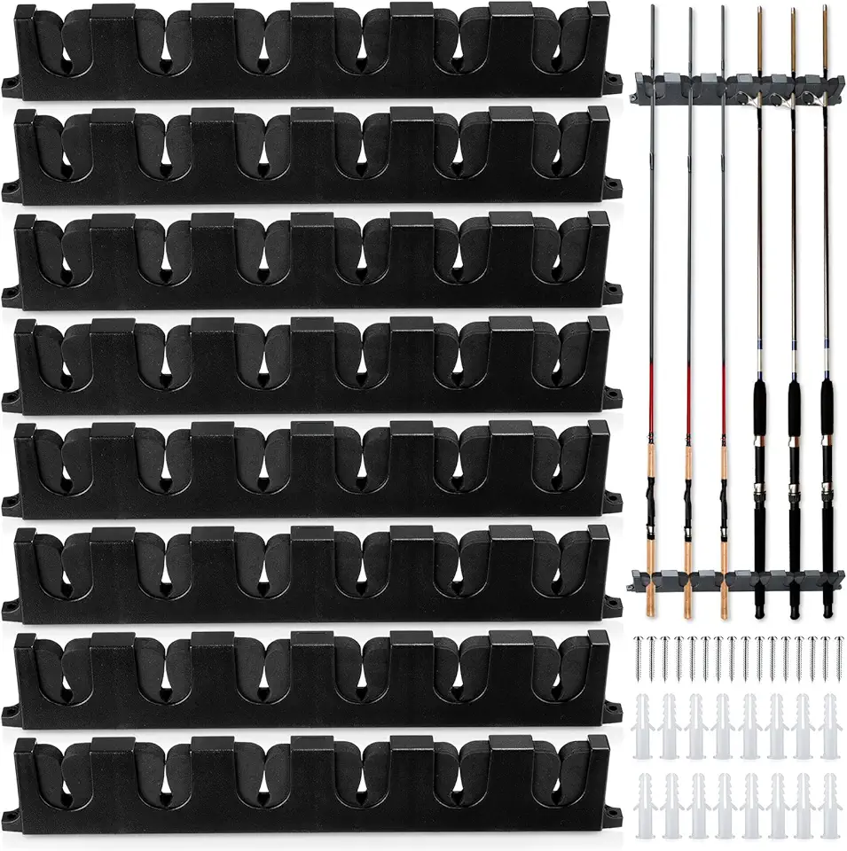Jexine 8 Pack Horizontal Fishing Rod Holders 15 Inches Wall Mounted Fishing Rod Rack Vertical Fishing Pole Organizer 6 Rod Storage with Screws for Garage and Boat Accessories