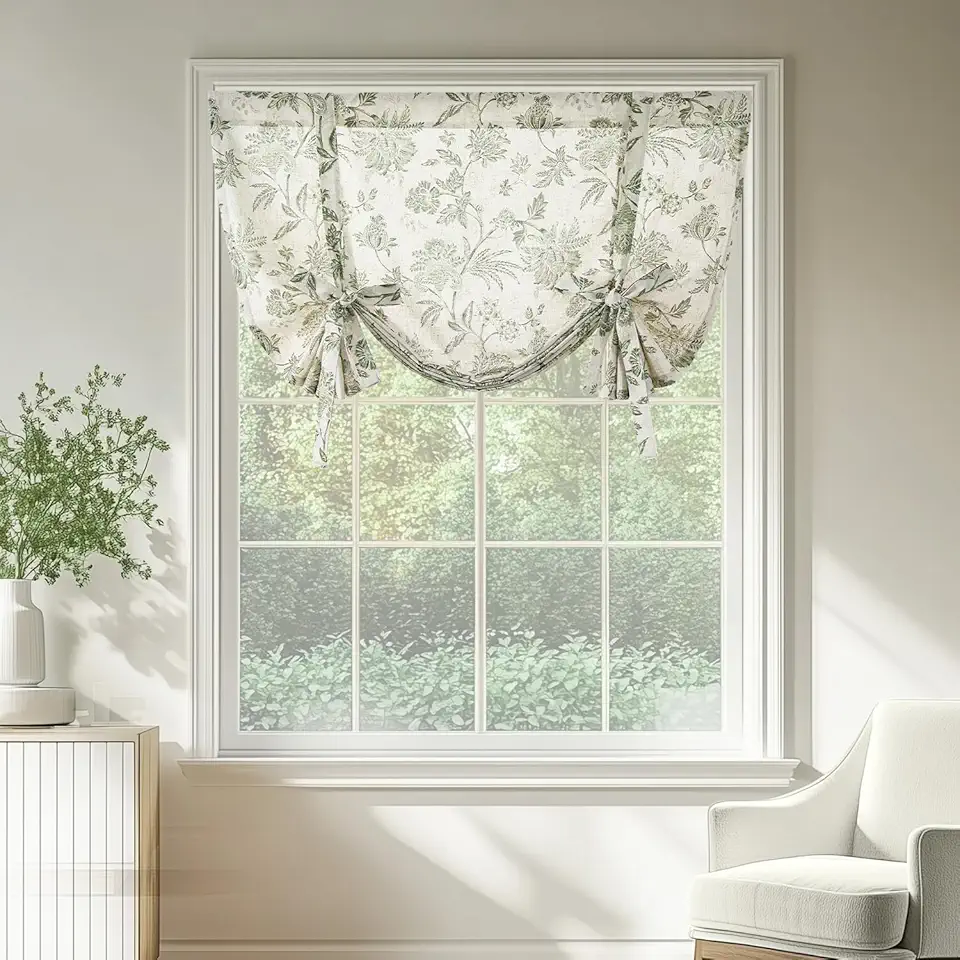 jinchan Linen Floral Tie up Shade Valance Curtains for Windows 45 Inch Farmhouse Valance Adjustable Country Tropical Small Curtain Drape Laundry Bathroom Living Room Rod Pocket 1 Panel Sage Green