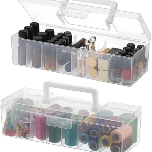 JUXYES Pack of 2 Clear Plastic Storage Bin with Lid and Handle, Portable Storage Box with 7 Compartments, Semi-Transparent Organizer Box for Embroidery and Sewing Threads, Crafts, Fly Tying Chenille