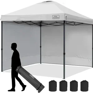 KAMPKEEPER 10x10 Pop Up Canopy Tent with 2 Sidewalls, Beach Tent - Easy Outdoor Sun Shade for Events, Parties, Camping - Gazebo with 4 Weight Bags & Carry Bag.?White?