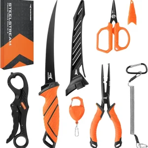KastKing SteelStream 6pc Fishing Tool Kit - Corrosion Resistant Fishing Pliers with Lanyard, Fillet Knife, Floating Fish Lip Gripper, Fishing Braid Scissors, Tool Retractor, Fishing Gifts for Men