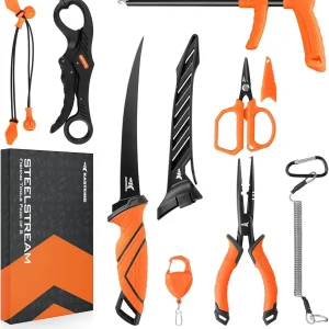 KastKing SteelStream 8pc Fishing Tool Kit - Fishing Pliers with Lanyard, Fillet Knife, Floating Fish Lip Gripper, Fishing Braid Scissors, Tool Retractor, Fishing Hook Remover, Bungee Cords