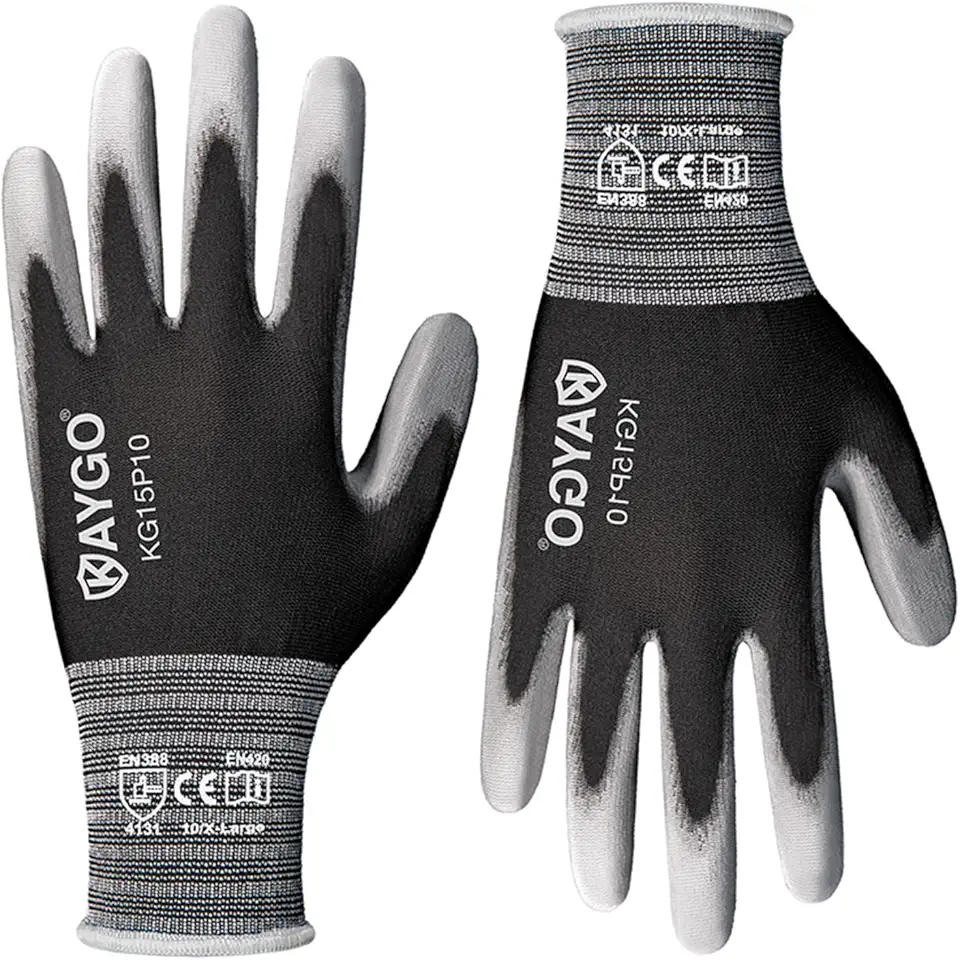 KAYGO Work Gloves PU Coated 12 Pairs, KG15P,Nylon Liner with Flexible Polyurethane Coating,Safety Work Gloves for DIY, Assembly, Warehouse, Light Duty Work (X-Large, Black)