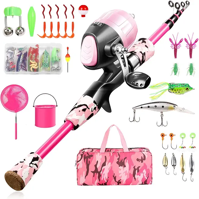 Kids Fishing Pole - Telescopic Fishing Rod and Reel Combo Kit - Fishing Gear, Fishing Lures, Carry On Bag, 70 Set Fully Fishing Equipment - for Boys, Girls, Youth