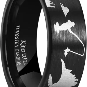 King Will Mens 6mm 8mm Black Silver Tungsten Carbide Wedding Bands Inlay Lasered Seagull/Forest Landscap/Panda/Deer/Hunting/Fly Fishing Brushed Wedding Rings for Men Women