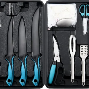 KNINE OUTDOORS Fish Fillet Knife Set Curved Flex 7 inch 9 inch Filet Knife for Filleting and Boning, Non-Slip Handles, Includes Fishing Braid Line Scissors, Fish Dressing Scissors, Filleting Pad