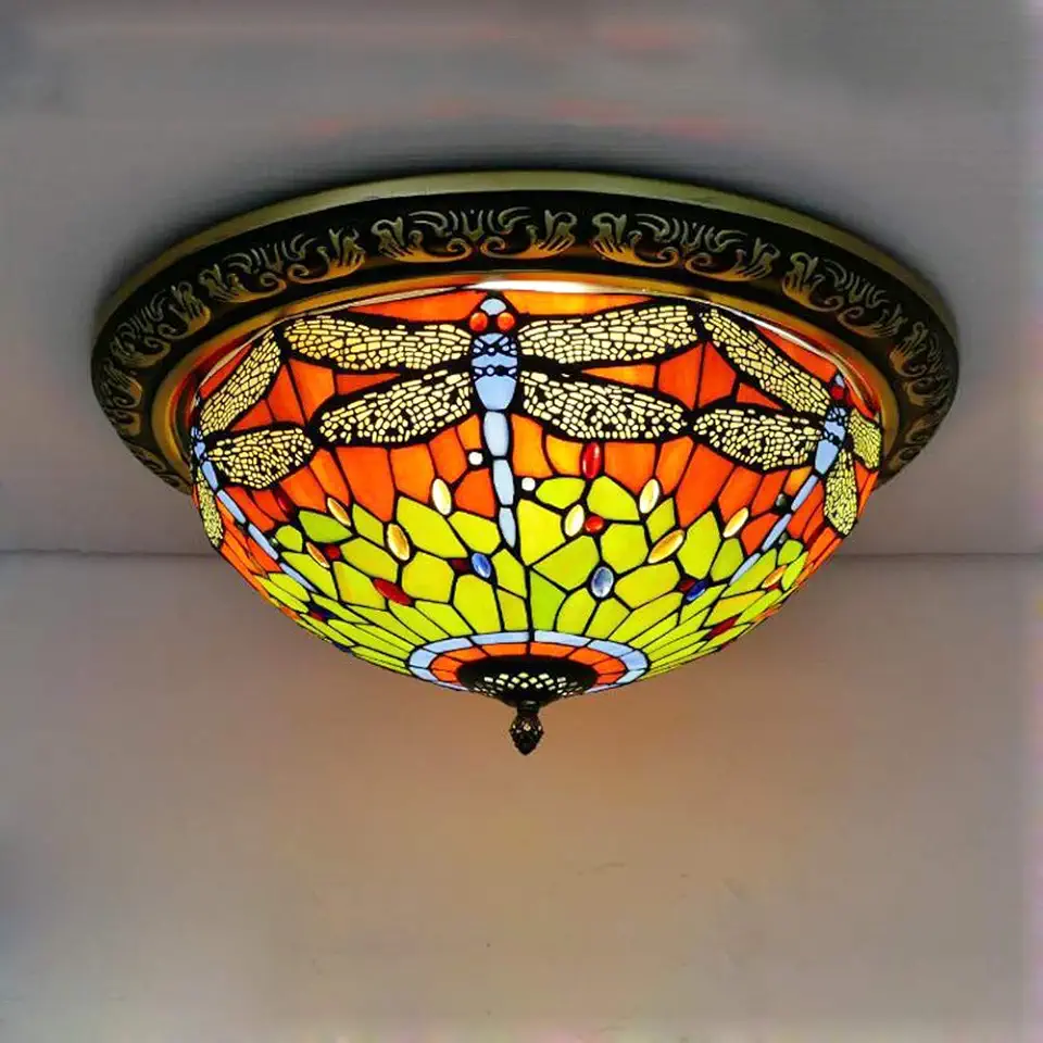 KWOKING Dragonfly Pattern Tiffany Style Flush Mount Ceiling Light with Colorful Glass Shade Decorative Hanging Tiffany Lamps for Corridor, Bedroom Orange and Green, 19.69 inches