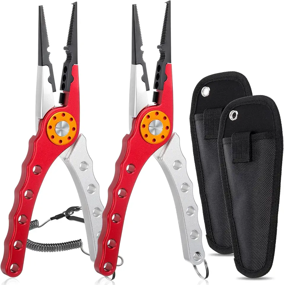 Lasnten 2 Pcs Fishing Pliers Saltwater Braid Cutters 7.8'' Fishing Hook Remover Split Ring Fishing Tools with Sheath and Lanyard Gear Gifts for Fish Line Cutting Boat Fly Ice Fishing (Red, Silver)