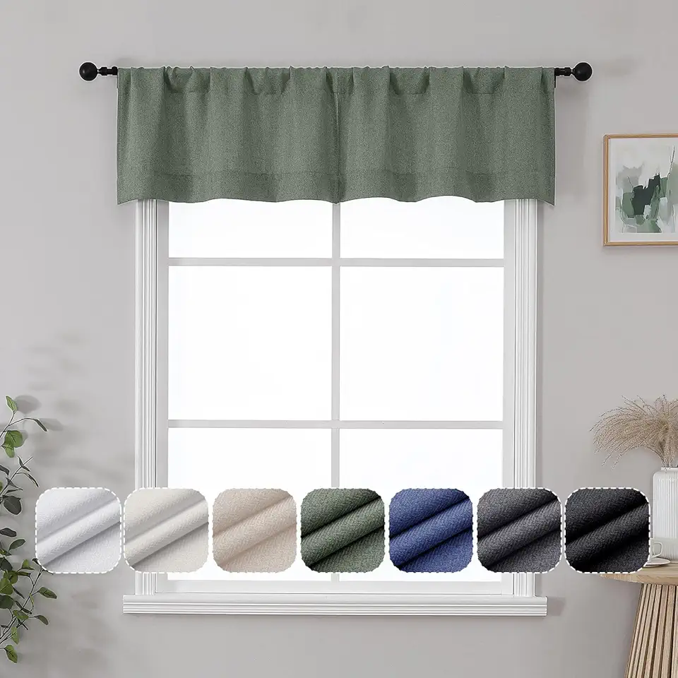 Lecloud Estelle Sage Green Valance for Windows 14 Inch Length 2 Pcs, Soft Cafe Short Curtains, Light-Filtering Herringbone Textured Rod Pocket Curtains for Bedroom, Each 30 W x 14 L