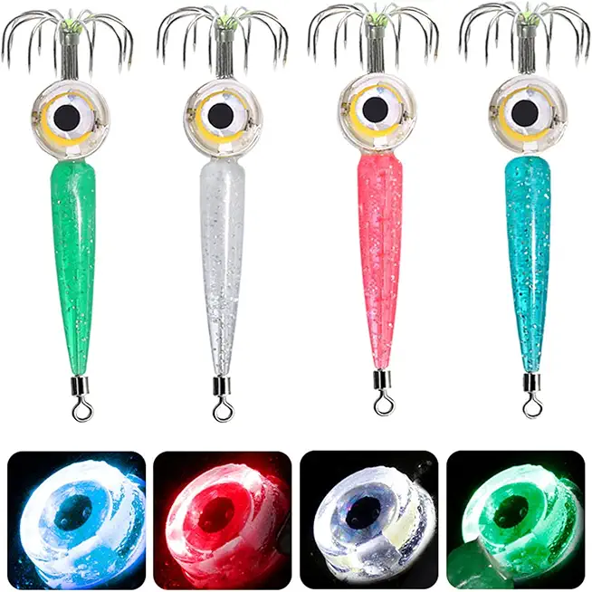 LED Lure Light with Squid Jig Hook Waterproof LED Fishing Light Underwater Flasher Light, 4 Color Set Fish Lights (Blue, Red, Green, White) Deep Drop LED Fish Light Squid Hook