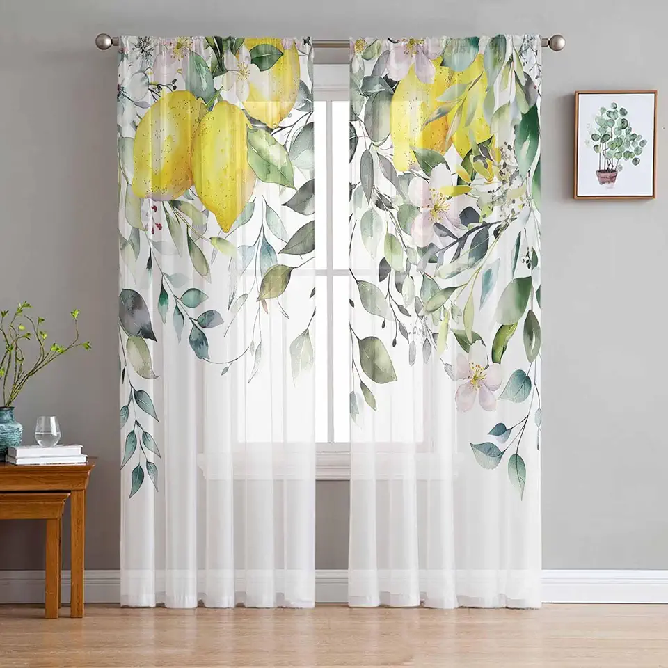 Lemon Sheer Curtains 72 Inch Long 2 Panels, Plants Eucalyptus Leaves Sage Green Curtains for Living Room Rod Pocket Sheer Drapes Light Filtering Voile Window Treatment 52" W x 72" L