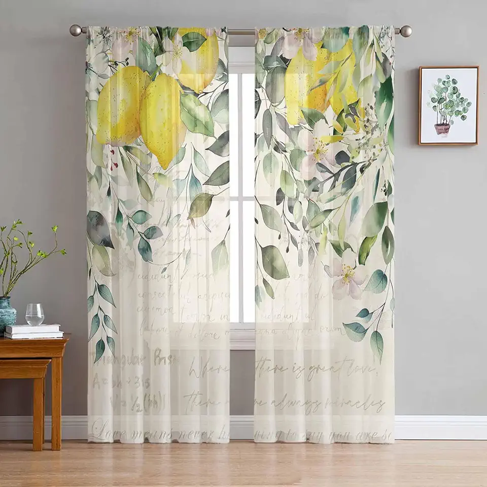 Lemon Sheer Curtains 72 Inch Long 2 Panels, Retro Plants Eucalyptus Leaves Sage Green Curtains for Living Room Rod Pocket Sheer Drapes Light Filtering Voile Window Treatment 52" W x 72" L