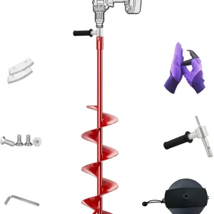 Longrun 8 Inch Ice Auger, 35.95 Inch Extended Reach for Drilling Deep Ice Fishing Holes, Auger Drill Bit for Ice Post Hole Digger w/Interchangeable Sharp Blade & Cover, Ice Auger Adapter with Handle