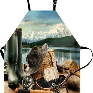 Lunarable Fishing Apron, Fly Fishing Equipment with Lake and Mountain Scene Hobby Sports Activity, Unisex Kitchen Bib with Adjustable Neck for Cooking Gardening, Adult Size, Multicolor