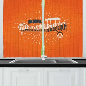 Lunarable Vintage Long Kitchen Curtains, Freedom Phrase with an Old Custom Airplane Sky Fly Inspiration Aviation Graphic Art, 2 Panel Set Drapes with Rod Pocket Room Decor, 55" x 45", Orange