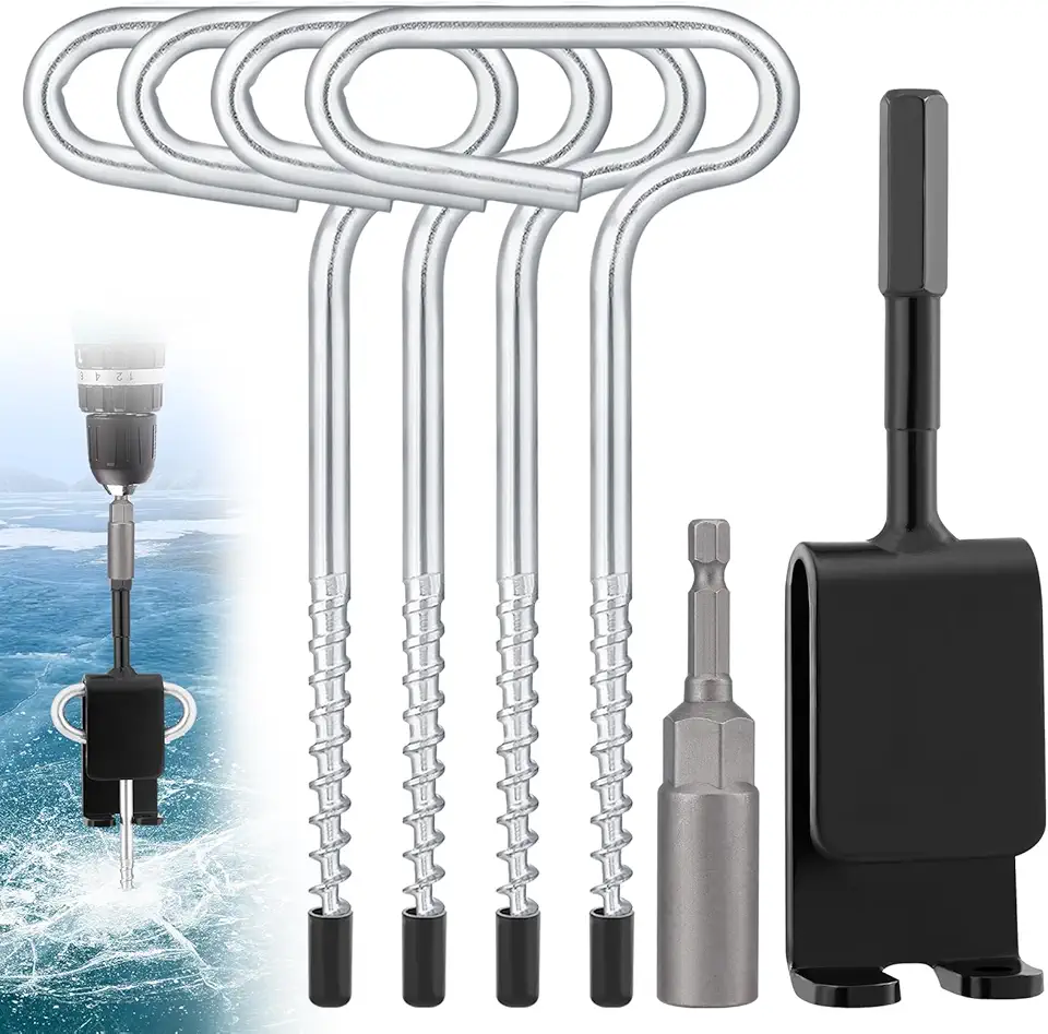 MADHOLLY Universal Ice Anchor Tool- Ice Anchor Drill Adapter Kit, 4 Ice Fishing Shelter Stake Nail 1/4" Adapter Head for Ice Insert Sewing- Ice Shanty Anchors for Setting Up Shelter Tent Dad Gifts