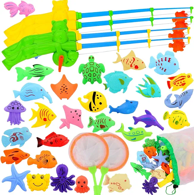 Magnetic Fishing Pool Toys Game, Water Table Bathtub Bath Toy - Pole Rod Floating Fish, Birthday Party Gifts for Toddler Age 3 4 5 6 Year Old, Kids Outdoor Toys