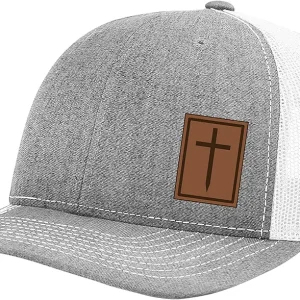 Men's Christian Cross Worship Prayer God Laser Engraved Leather Patch Mesh Back Trucker Hat