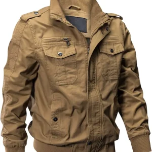 Men's Cotton Lightweight Multi Pockets Zip Front Stand Collar Military Jackets Windbreaker