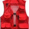 Men's Mesh Fishing Vest Multi Pockets Photography Outdoor Jacket (Red, L-US)