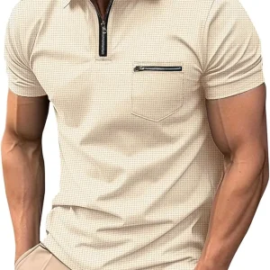 Mens Muscle Shirt Waffle Quarter Zip Short Sleeve Tee Turndown Business Casual with Zipper Chest Pocket