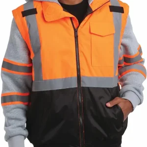 Men's Safety Jacket - Hooded Two-Fer Workwear Vest with Reflective Tape & Fleece Sleeves (Sizes: M-XXL)