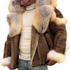 Men's Snap Front Puffer Jacket Sleeve Turn Down Collar Solid Denim Jacket Coat Waterproof Raincoat with Hood
