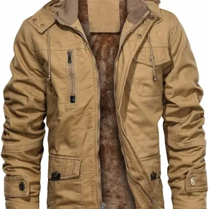 Men's Thick Winter Jackets with Hood, Fleece Lining, Cotton Military Work Jackets with Cargo Pockets, Outwear