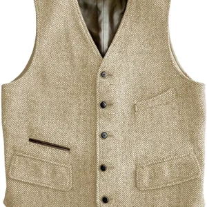 Mens Vintage Classic Herringbone Pattern Suit Vest V Neck Casual Wool Blend Waistcoat for Men