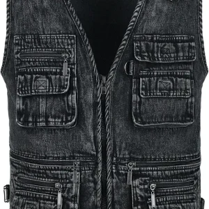 Men's Zipper Multi Pockets Casual Vest Outdoor Travel Fishing Hunting Photo Utility Work Cargo Vests Denim Black