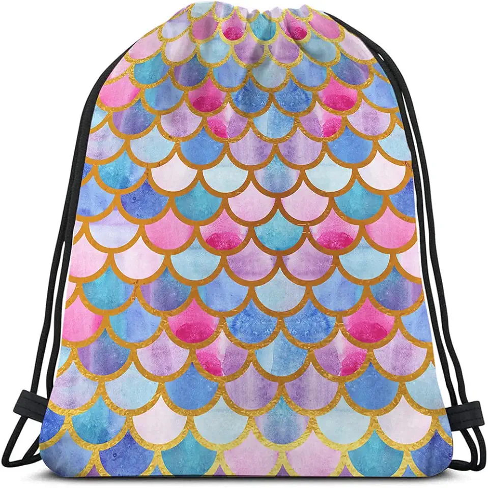 Mermaid Scales Drawstring Bags Backpack Bag Watercolor Animal Fish Mermaid Tale Pattern Cool Design Modern Sport Gym Sack Drawstring Bag String Bag Yoga Bag for Men Women