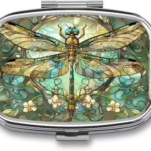 Metal 2 Compartment Pill Organizer Travel Friendly Portable Compact Pill Box Cute Pill Case to Hold Vitamins,Fish Oil,Supplements,Meds,Tablet for Purse,Pocket. (Dragonfly)