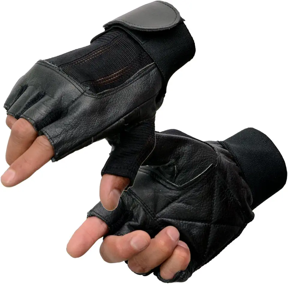 MG7562 Men's Black Leather and Spandex Gel Padded Palm Fingerless Motorcycle Hand Gloves W/Mesh Material