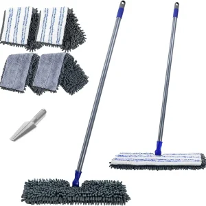 Microfiber Flip Mop, Flat Dust Mop with 4 Washable Mop Pads and 1 Cleaning Scraper, Dual-Action Wet Dry Mop for Hardwood Laminate Ceramic Marble Tile Floor Cleaning