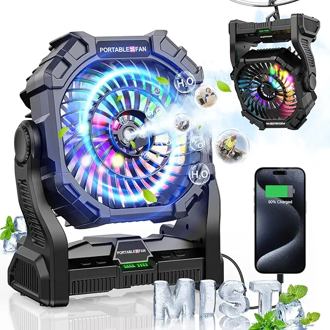 Misting Fan Portable,12000mAh Rechargeable Battery Operated Fan with RGB Light, Personal Cooling Camping Fan for Tents with Timer&Hook, Camping Gear for Fishing,Beach,Travel,Hurricane(Black)