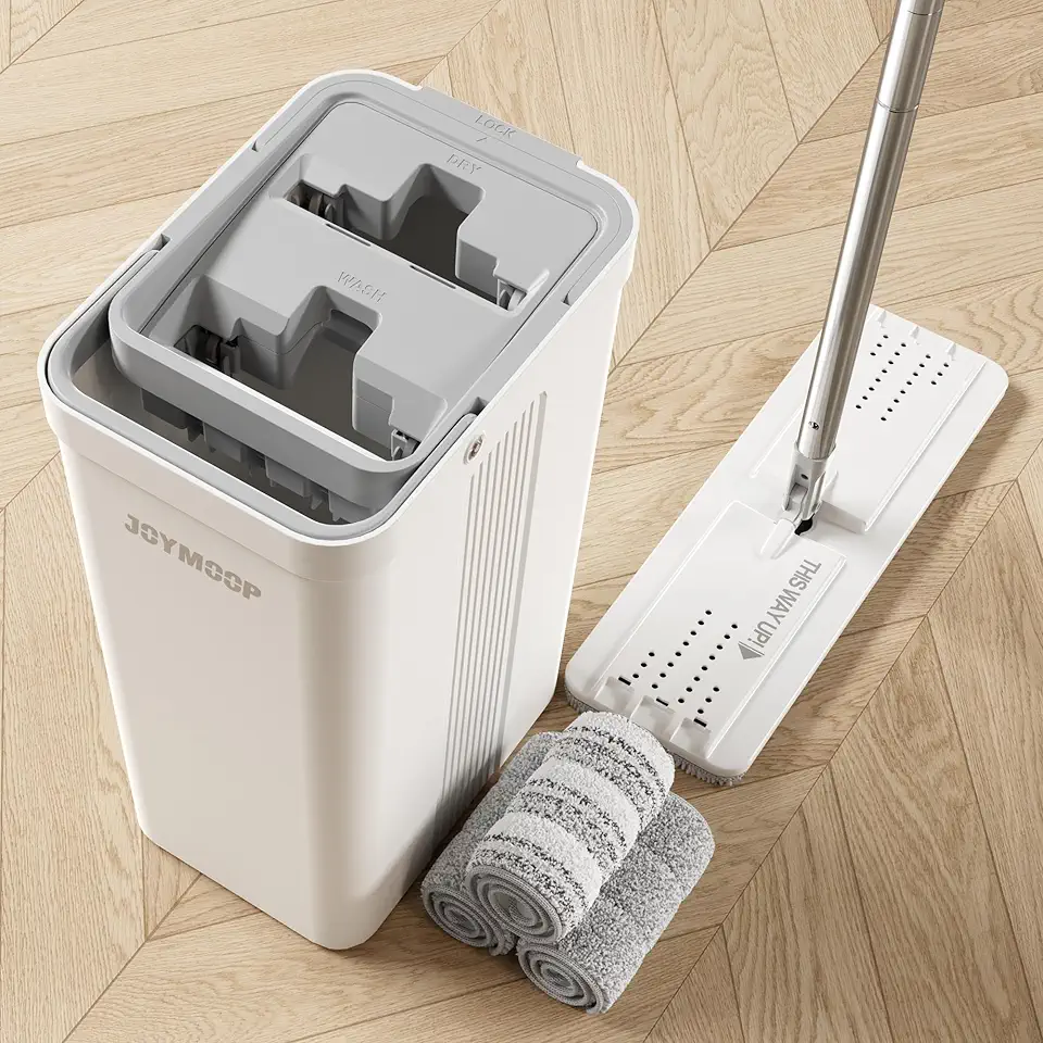 Mop and Bucket with Wringer Set for Home, Flat Mop and Bucket System, Mops for Floor Cleaning and Wall Cleaner, with 3 Reusable Microfiber Mop Pads