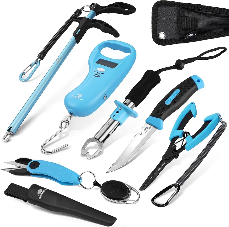 Mossy Oak Fishing Tools Kit - Plier, Fillet Knife, Lip Gripper, Hook Remover, Digital Scale, Line Snip, Fly Retractor, With Sheath Lanyard - Gifts for Men
