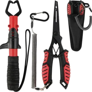 mouhike Fishing Pliers Fish Lip Gripper Fishing Tool Kit Muti-Function Saltwater Fishing Line Cutter Hook Remover with Sheath Lanyard, Fly Ice Fishing Gear Fishing Gifts for Men Women