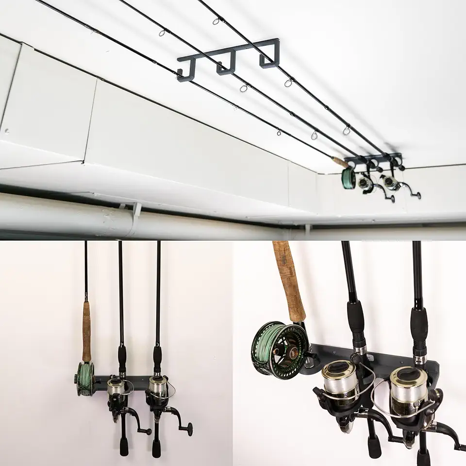Multi-Mount Fishing Rod Holder, Three Fishing Rods, Wall, Ceiling, Vertical (Black)